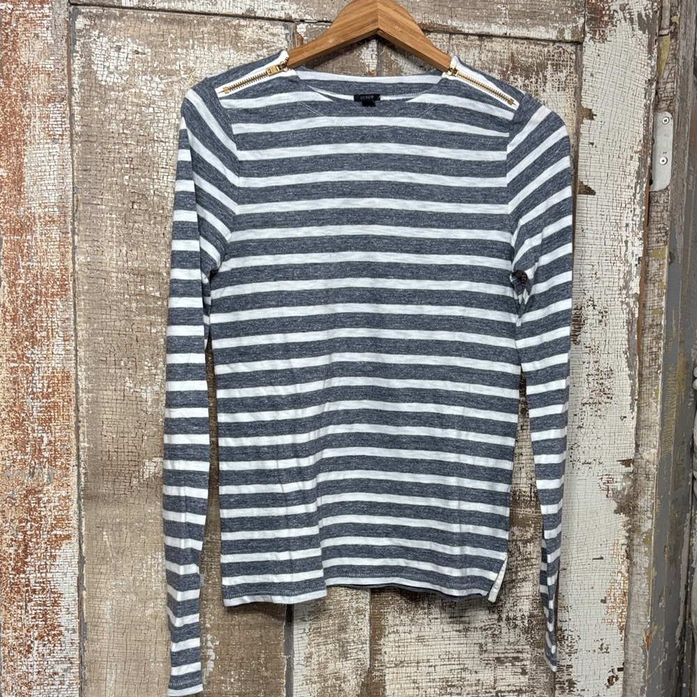 JCREW Gray White Striped Long Sleeve Shirt Gold zipper tee T-shirt top J. Crew